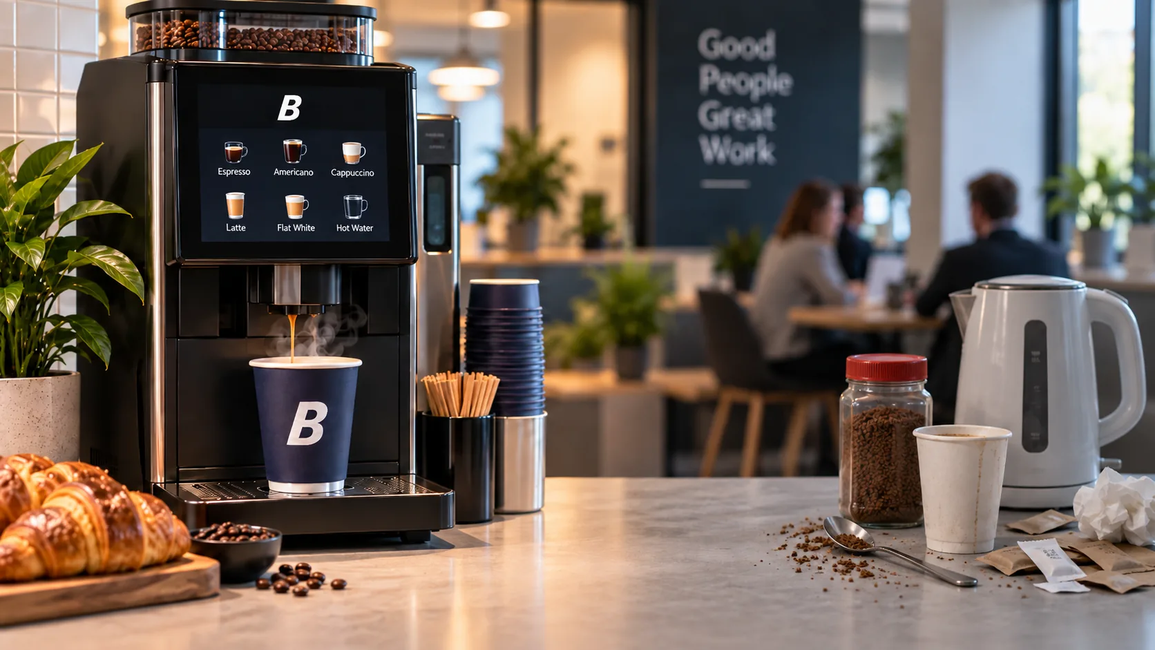 An office kitchen counter split between a Blend 2 Vend bean-to-cup machine pouring fresh coffee and a jar of instant granules beside a kettle and spilled coffee powder