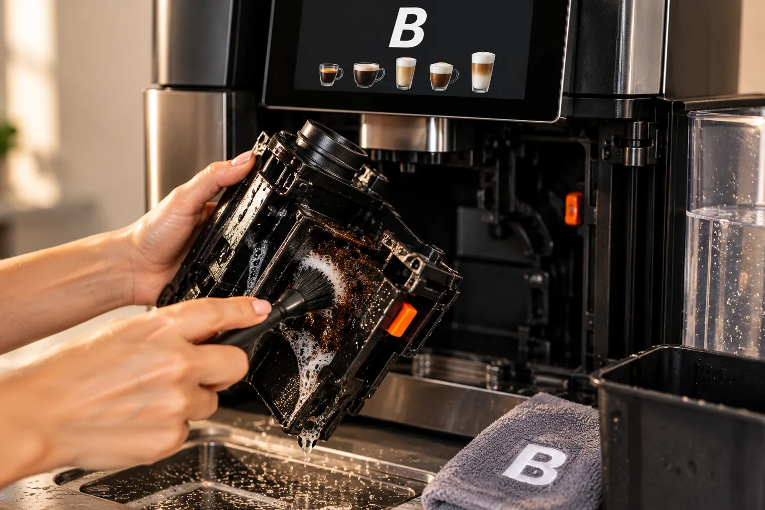 Removable brew unit of a Blend 2 Vend bean-to-cup coffee machine being brushed clean of coffee grounds over a sink