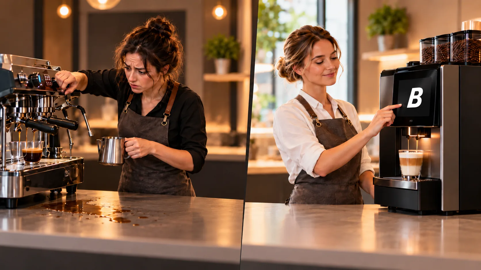 Split image of a café counter, with a barista struggling at a traditional espresso machine beside spilled coffee on one side and a server making a latte at the touch of a button on a Blend 2 Vend bean-to-cup machine on the other