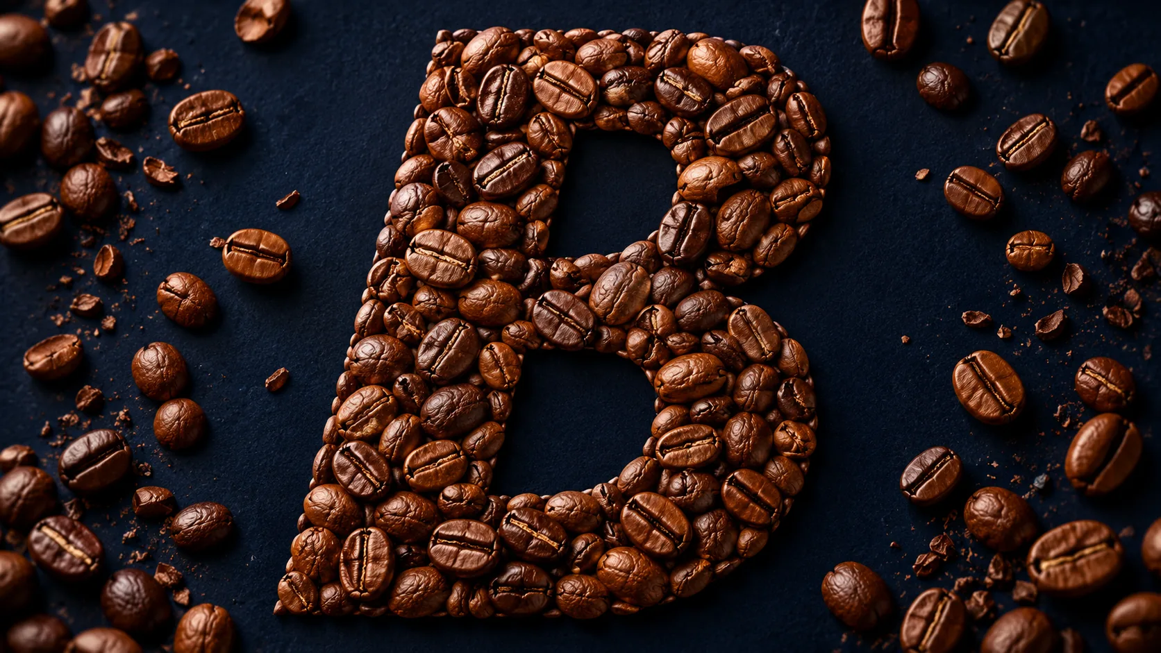 Roasted coffee beans arranged in the shape of the Blend 2 Vend B logo on a dark navy background