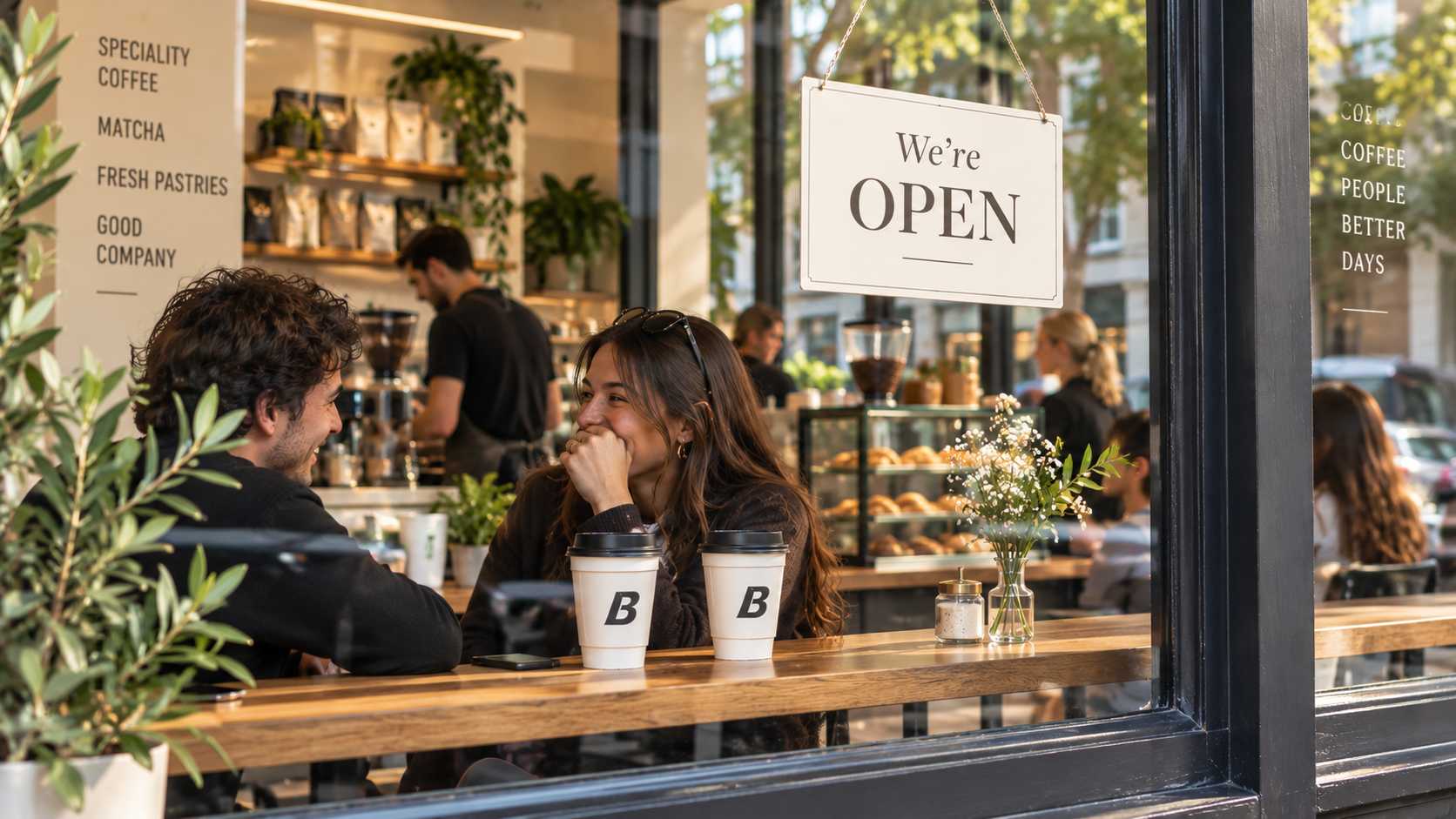 Two customers sitting at the window counter of a newly opened café with Blend 2 Vend branded takeaway cups, a 