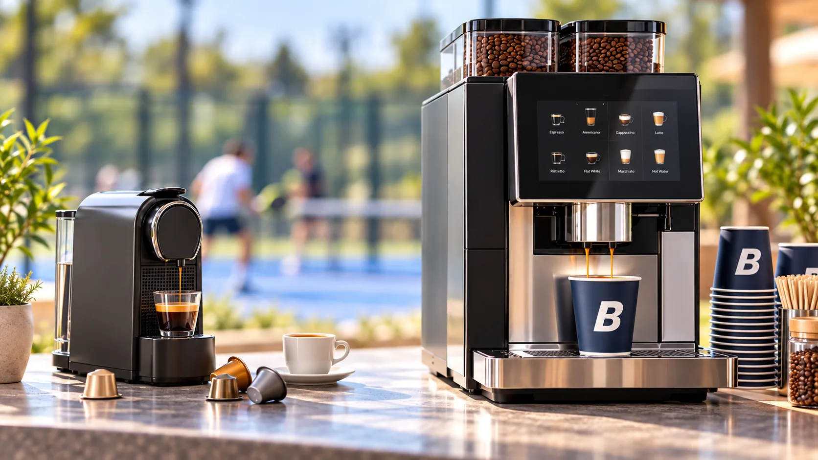 A small capsule coffee machine and used capsules beside a larger commercial bean-to-cup machine pouring into a Blend 2 Vend cup, with a padel court in the background