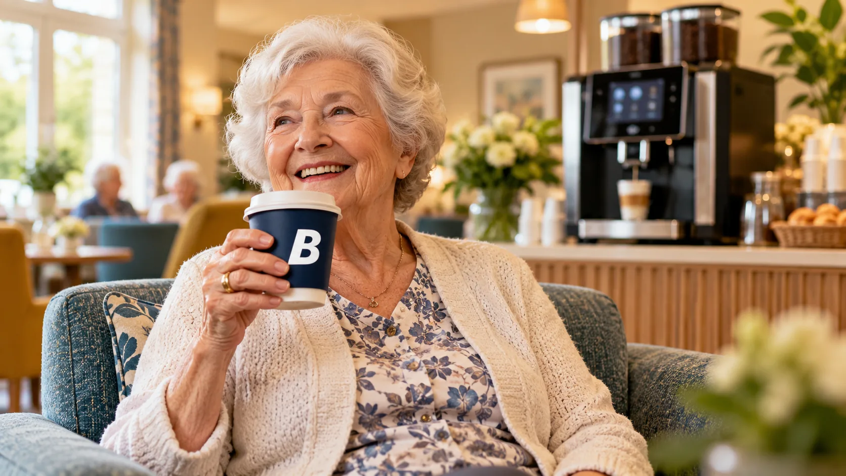 Smiling care home resident in an armchair holding a Blend 2 Vend coffee cup, with a bean-to-cup machine in the lounge behind her