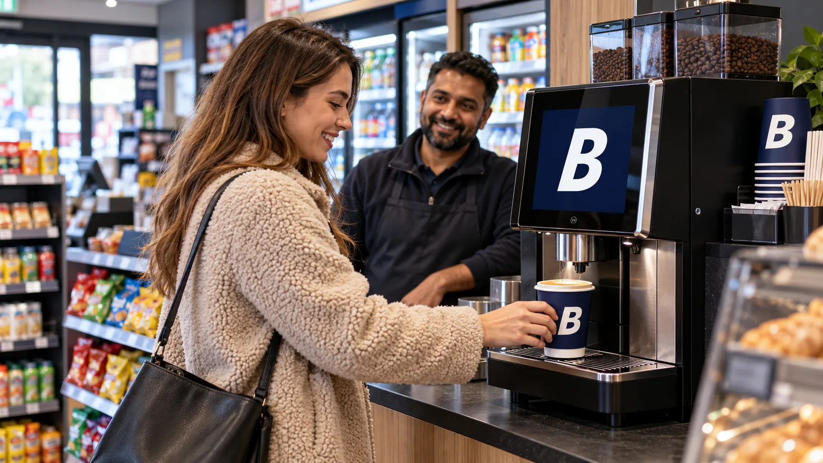 Customer pouring a takeaway coffee from a Blend 2 Vend self-serve bean-to-cup machine on a convenience store counter, with the shopkeeper smiling behind