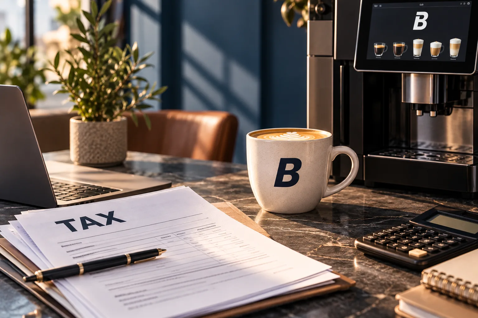 Tax paperwork, pen and calculator on a marble desk beside a Blend 2 Vend coffee cup and bean-to-cup machine