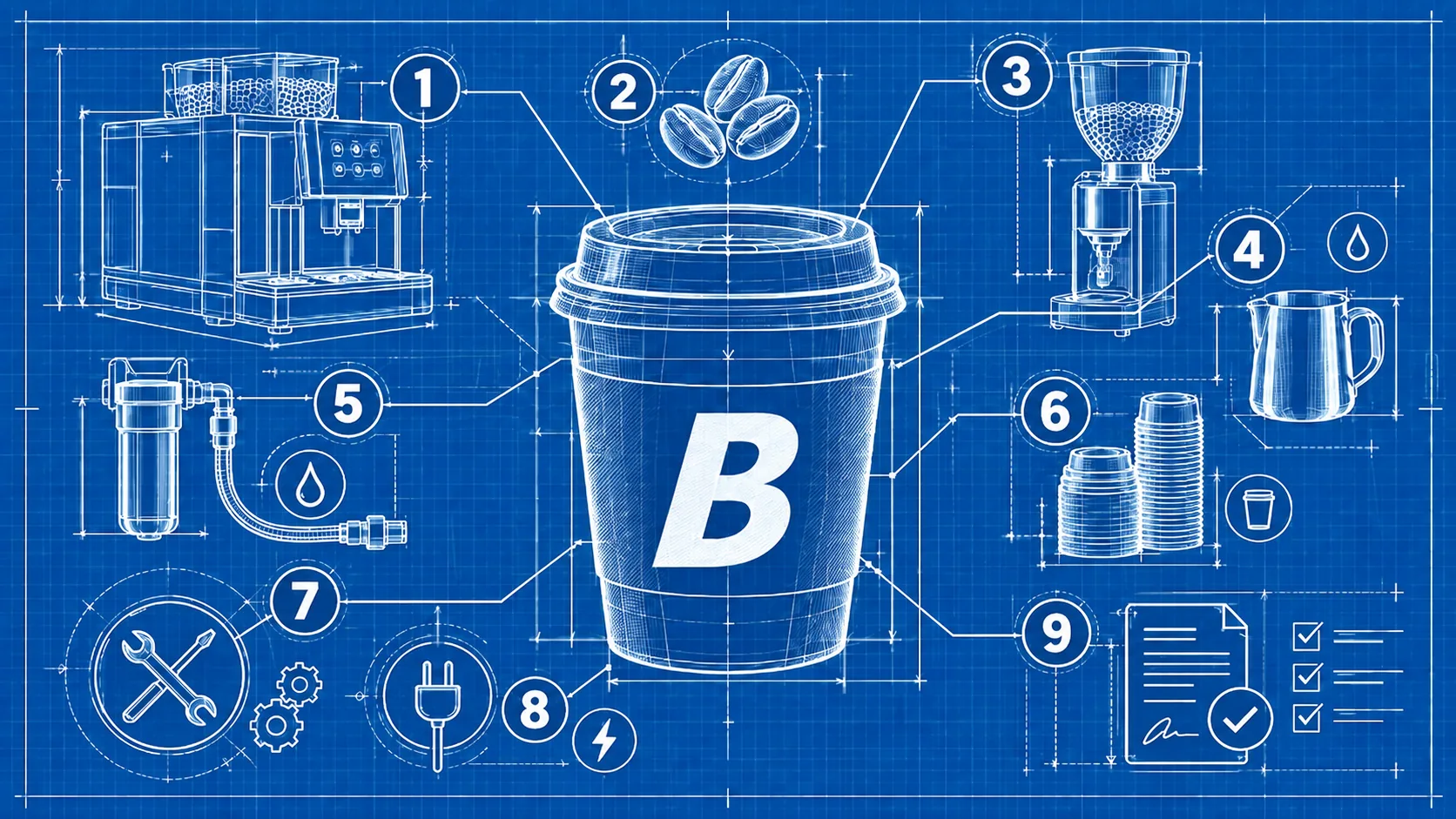 Blueprint-style illustration of a Blend 2 Vend coffee cup surrounded by nine numbered checks: a bean-to-cup machine, coffee beans, a grinder, a milk jug, a water filter, cups, servicing tools, a power plug and a signed agreement