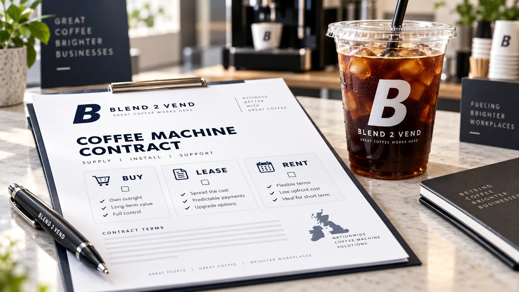A Blend 2 Vend coffee machine contract on a clipboard showing tick-box options for Buy, Lease and Rent, with an iced coffee and branded pen on a marble counter