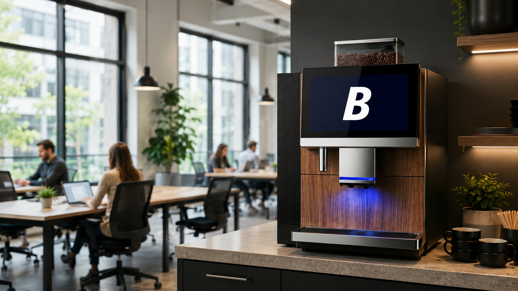 Blend 2 Vend branded bean-to-cup coffee machine on a countertop in an open-plan coworking space, with members working at shared desks in the background