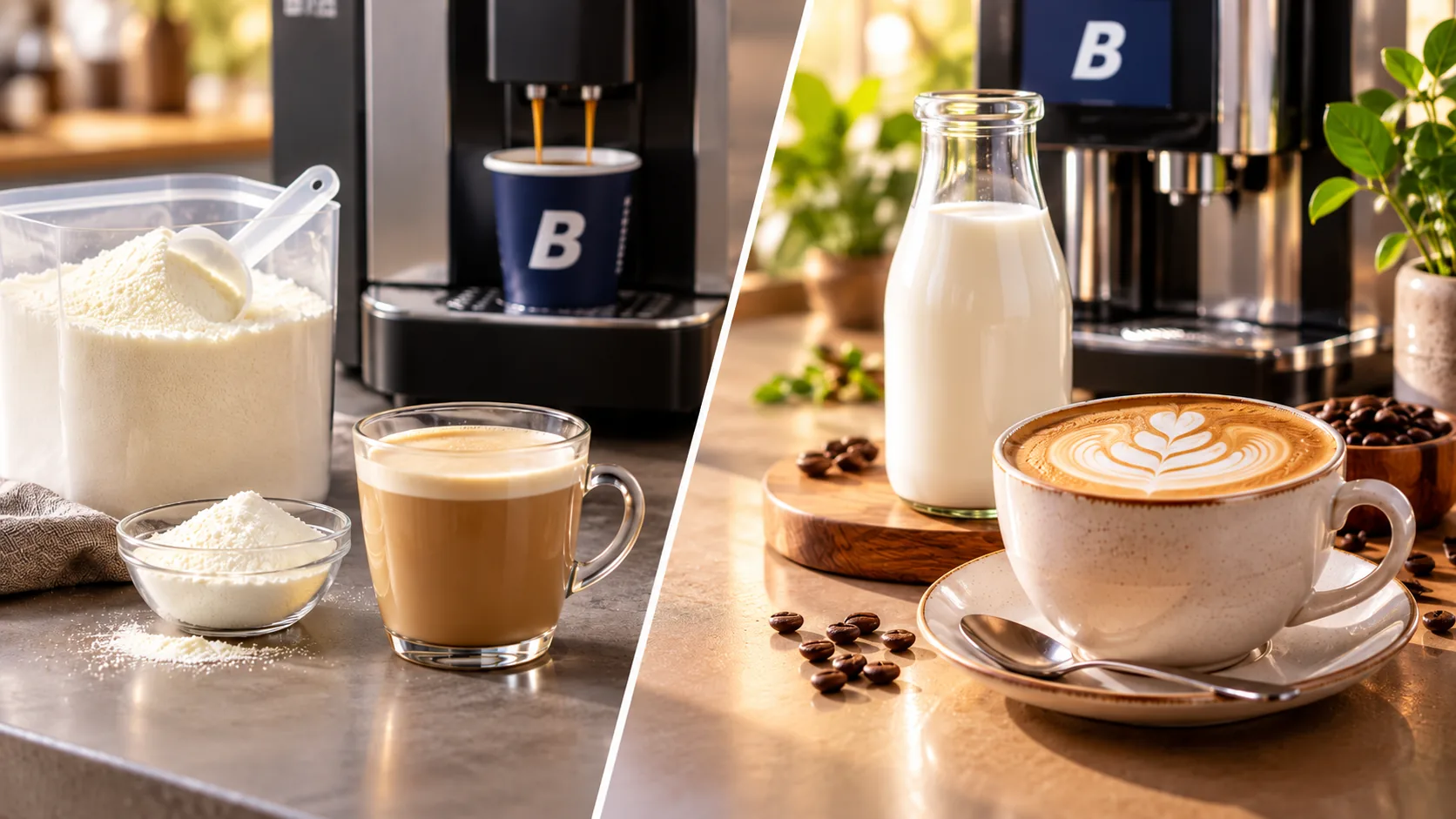 Split image comparing powdered milk and a milky coffee on one side with a bottle of fresh milk and a latte on the other, each beside a Blend 2 Vend bean-to-cup machine