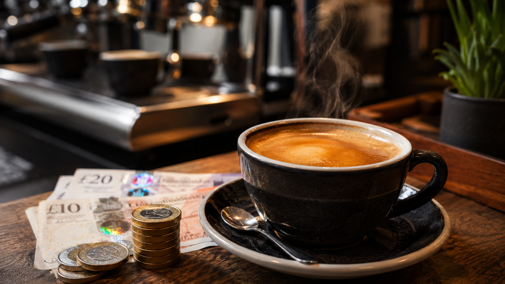 A cup of coffee next to UK banknotes and coins, representing commercial coffee machine running costs