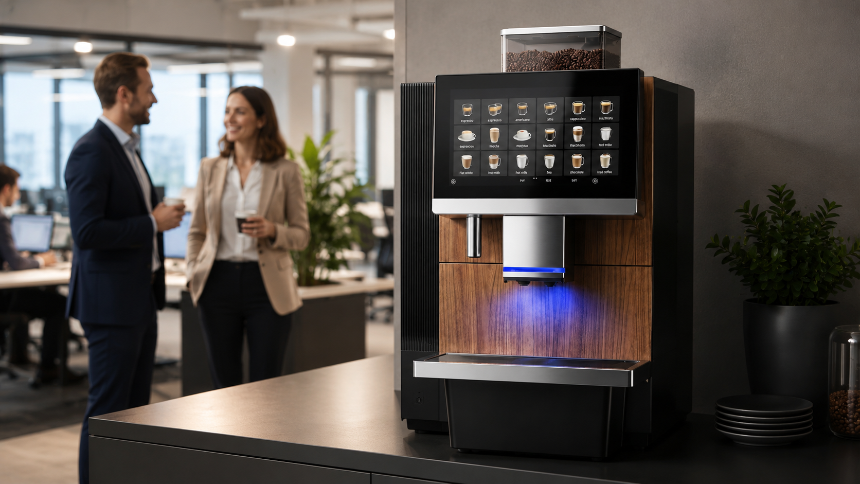 A high-end commercial bean-to-cup coffee machine in a modern UK office setting