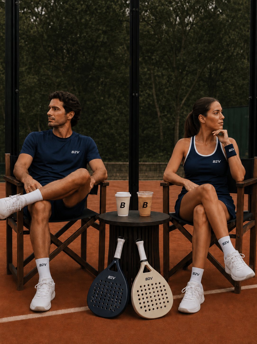 Two people in Blend 2 Vend branded padel kit sitting courtside with B2V padel rackets and Blend 2 Vend coffee cups