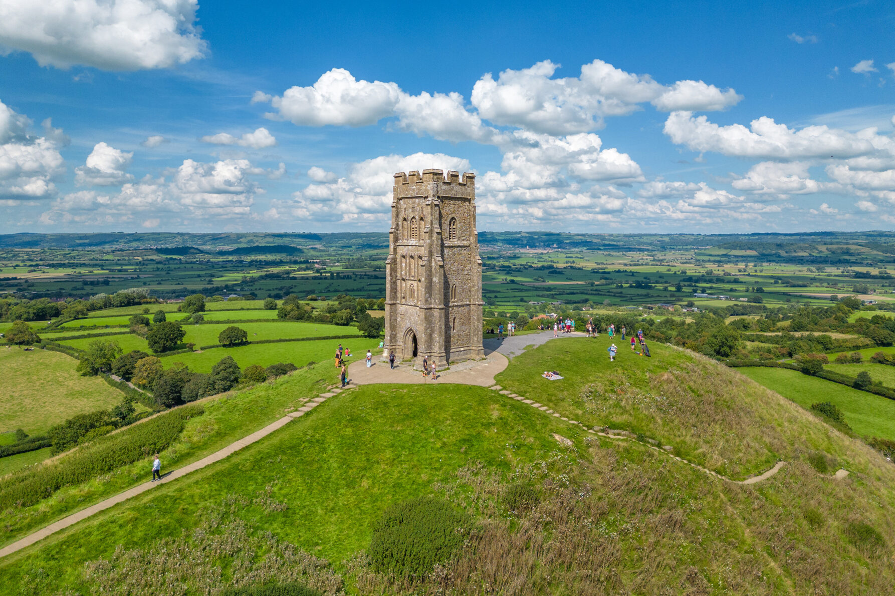 Aerial view of Glastonbury Tor and the surrounding Somerset countryside