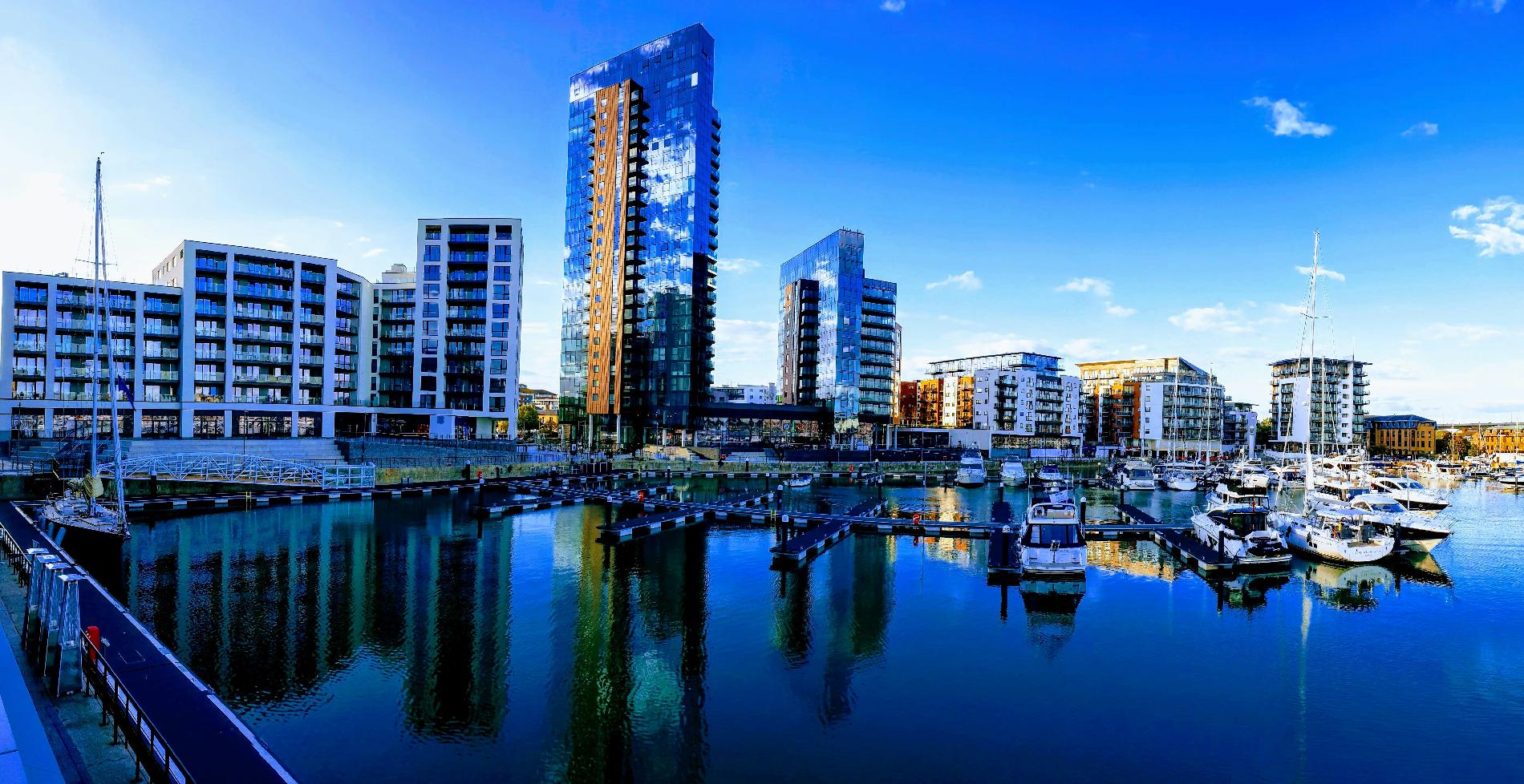 Southampton's Ocean Village marina and waterfront skyline