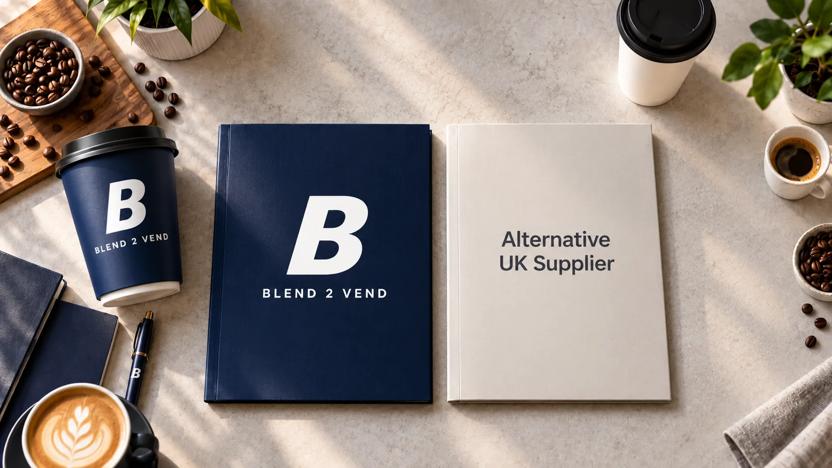 Two brochures side by side on a sunlit desk — a navy Blend 2 Vend brochure and a plain brochure labelled 