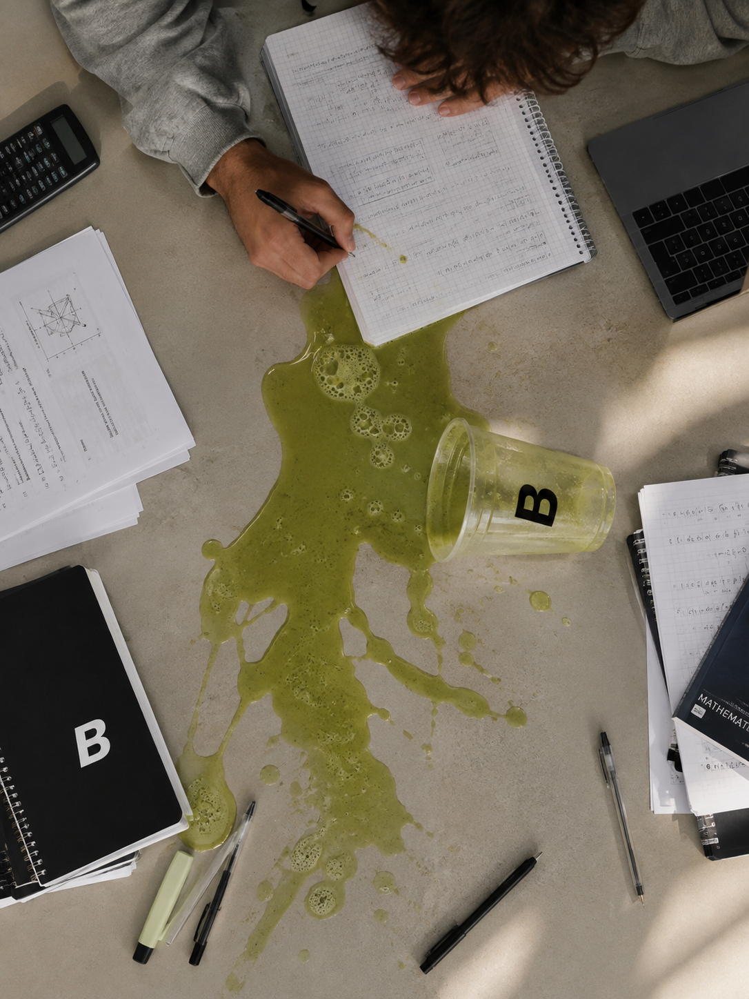 Blend 2 Vend branded drink cup spilled across a university study desk covered in notebooks, coursework and a laptop