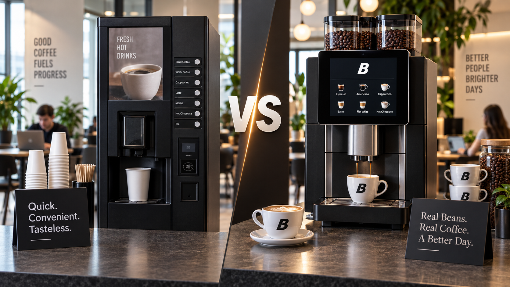 Split image comparing a coffee vending machine labelled 
