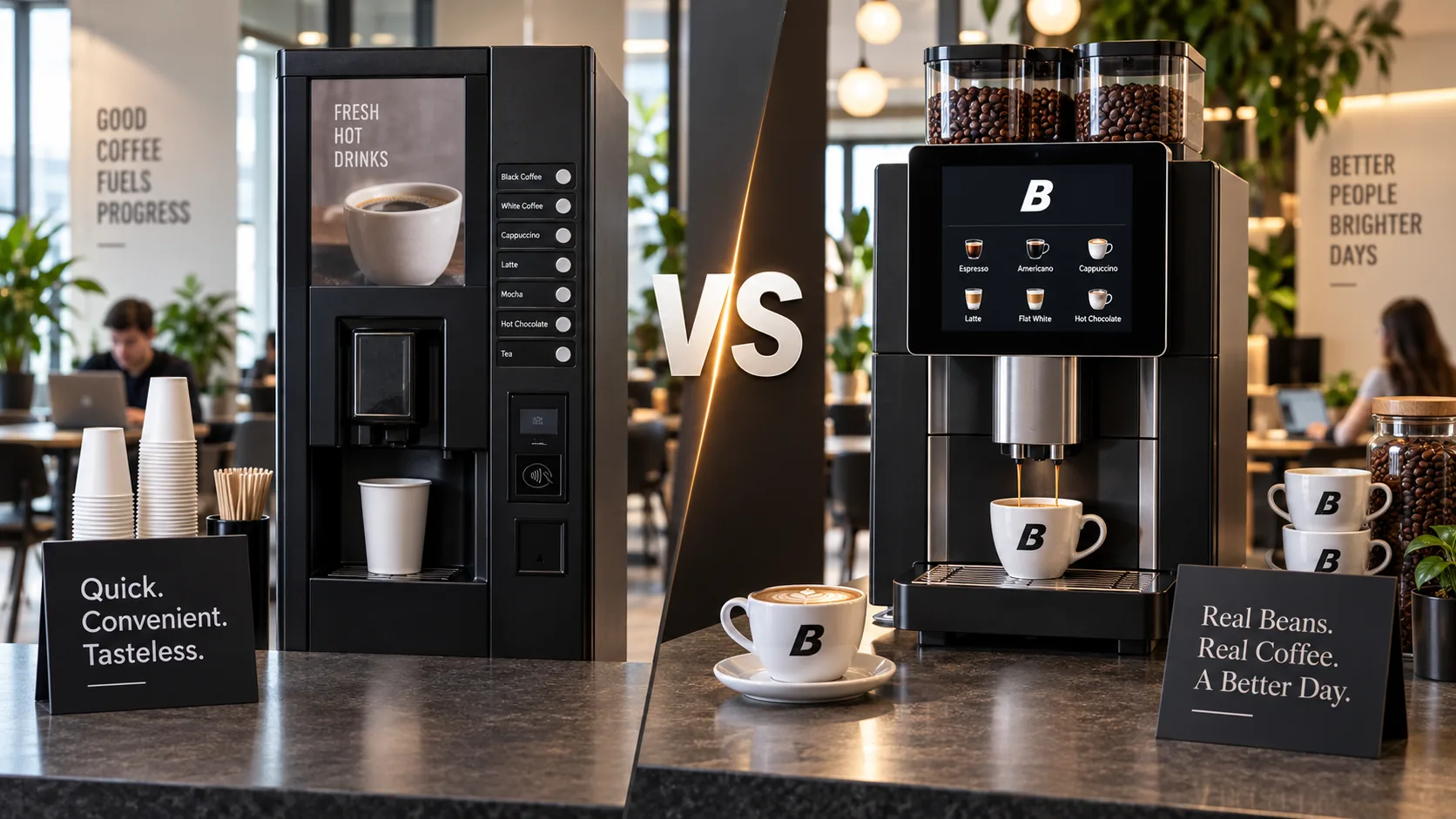 Split image comparing a coffee vending machine labelled 